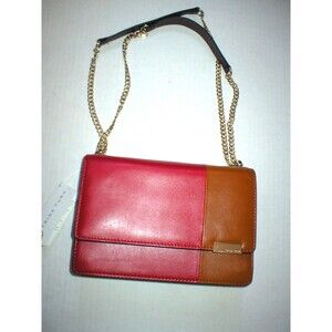 New NWT Trina Turk Designer Handbag Red Purple Tan Leather Flap Silver Womens